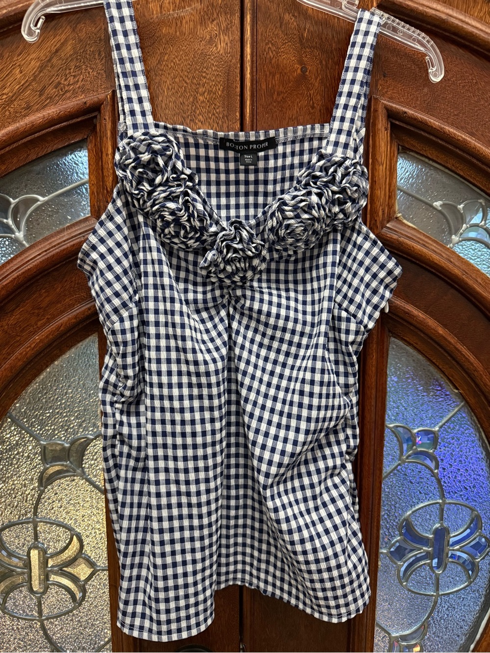 Boston Proper Navy and White Gingham Rosette Strap Tank